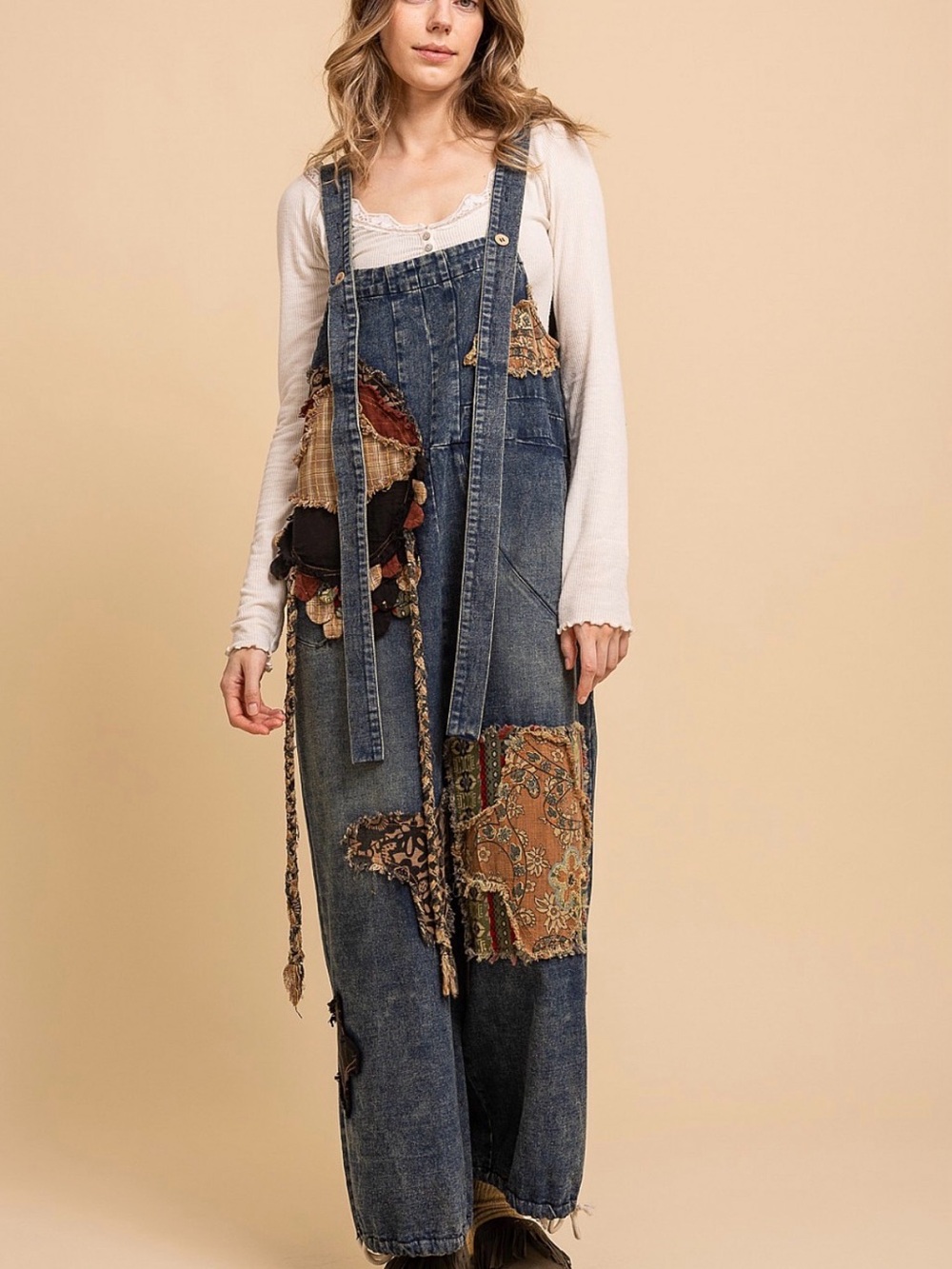 Patchwork Denim Overalls in Dark Blue